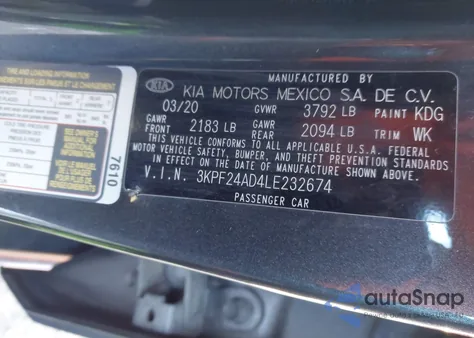 2020 Kia Forte Lxs z USA, uszkodzony, nr VIN 3KPF24AD4LE232674